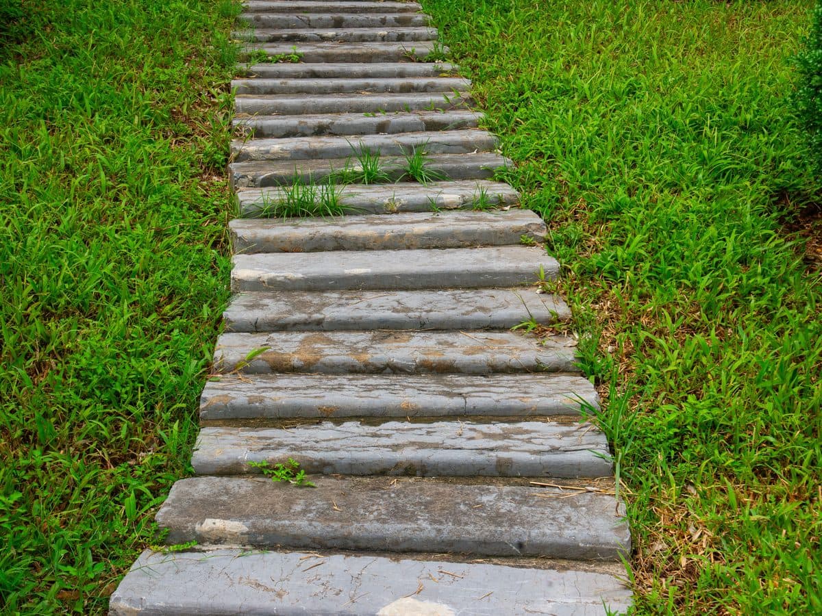 Flagstone stepping stone path set into a green lawn