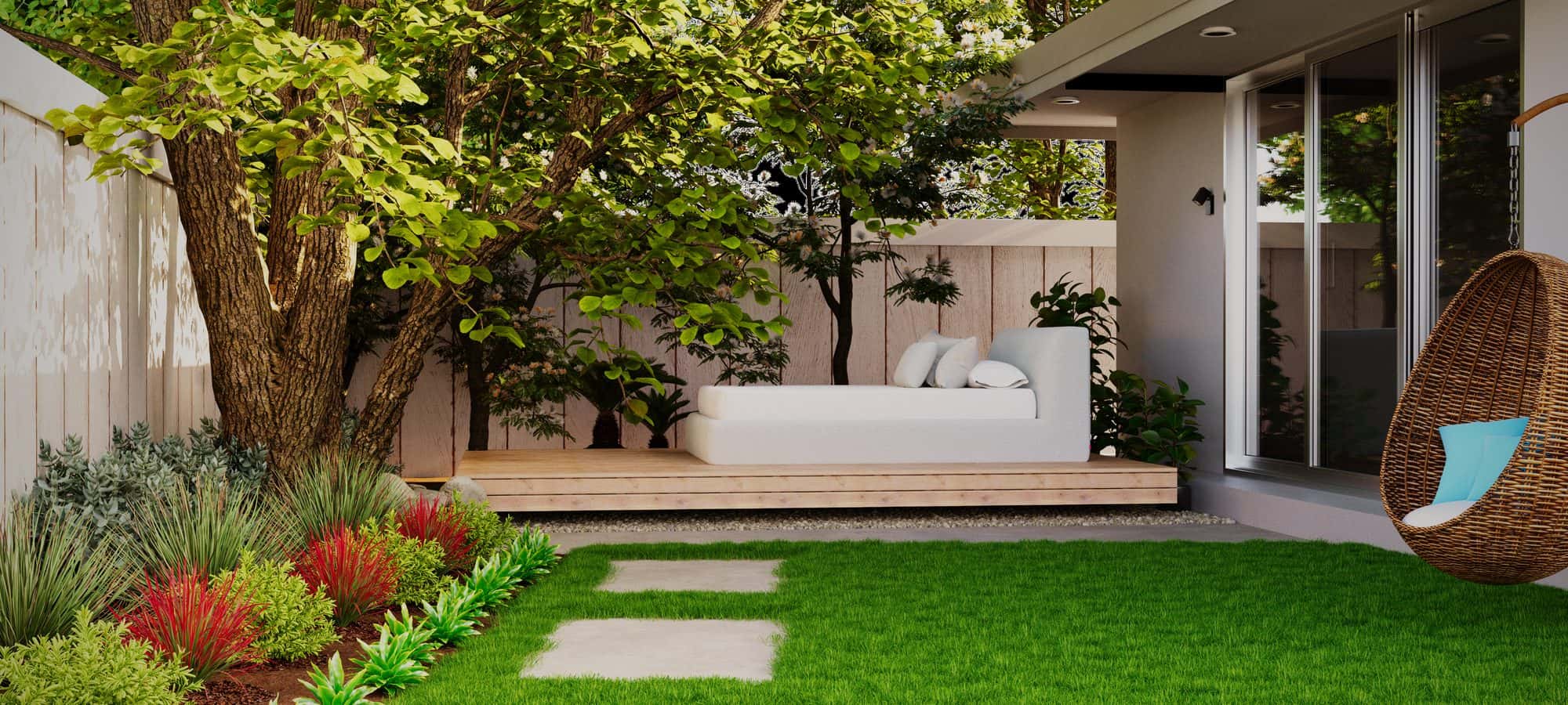 Contemporary backyard with stepping pads and layered drought-tolerant planting