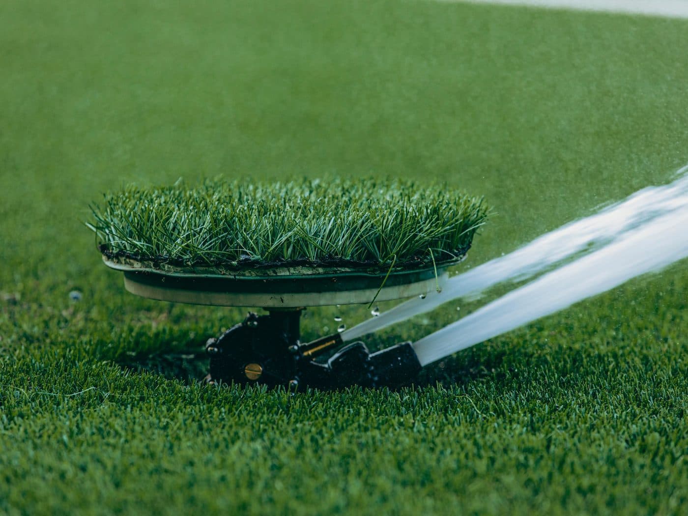 Close-up of a pop-up sprinkler head watering a lawn efficiently